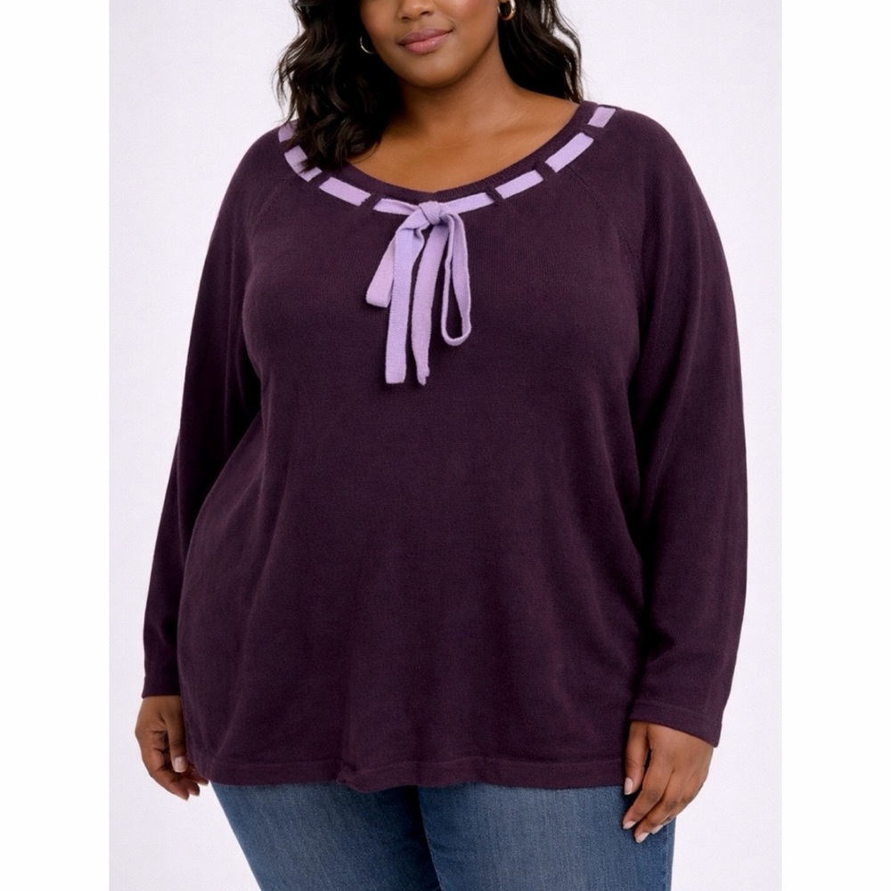 (VTG) AVENUE • Purple Two-Tone Bow Trim Casual Sweater, 26/28